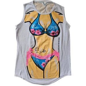 Vintage Beach Y2K White Tank Top with Woman In Bikini Graphic Funny